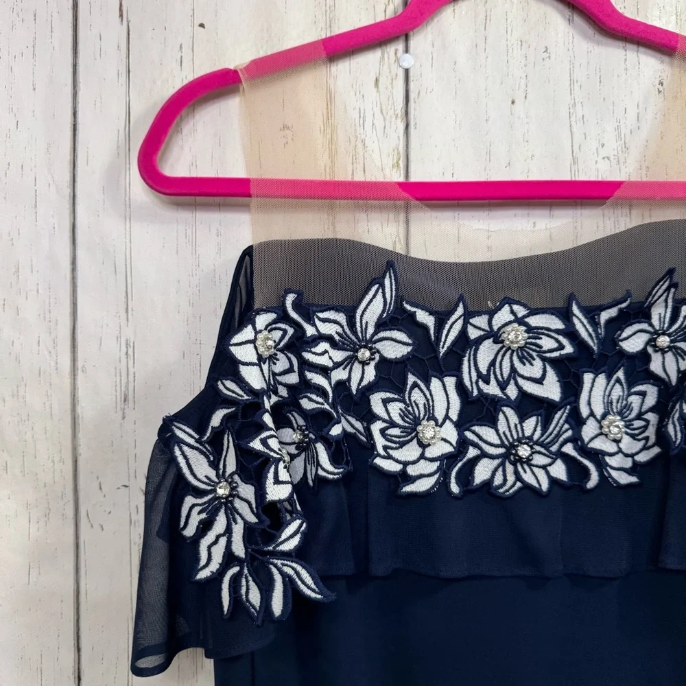 MSK Navy Illusion Off The Shoulder Floral Appliqué Dress Elegant Evening Chic